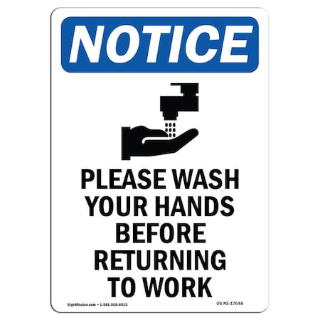 OSHA Notice Sign, Please Wash Your Hands With Symbol, 14in X 10in Decal